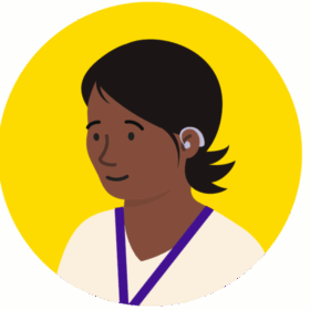 Illustration of a health professional wearing a lanyard. They have dark skin, flicking dark, short hair and a hearing aid,
