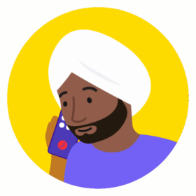 Illustration of a man on the phone. He has dark skin with a turban and a lilac top.