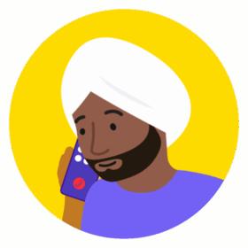 Illustration of a man on the phone. He has dark skin with a turban and a lilac top.