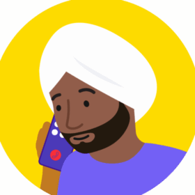 Illustration of a man on the phone. He has dark skin with a turban and a lilac top.