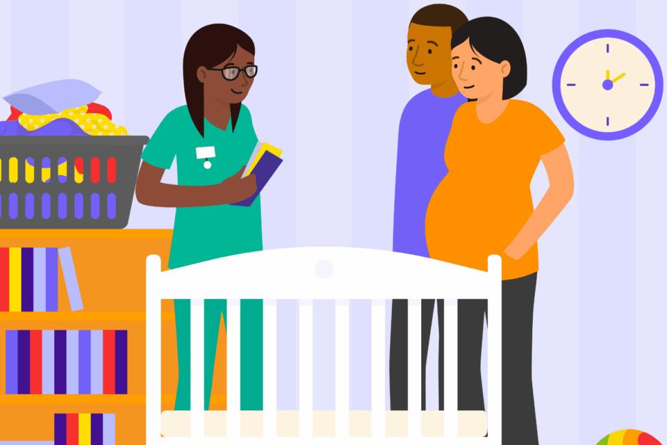 Health professional holding leaflets, standing next to a cot next to a man and a lady.