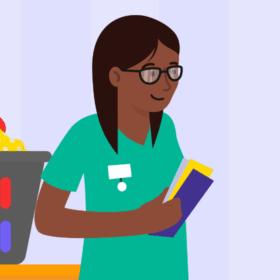 Health professional holding leaflets, standing next to a cot next to a man and a lady.