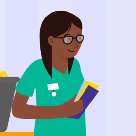 Health professional holding leaflets, standing next to a cot next to a man and a lady.