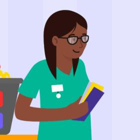 Health professional holding leaflets, standing next to a cot next to a man and a lady.