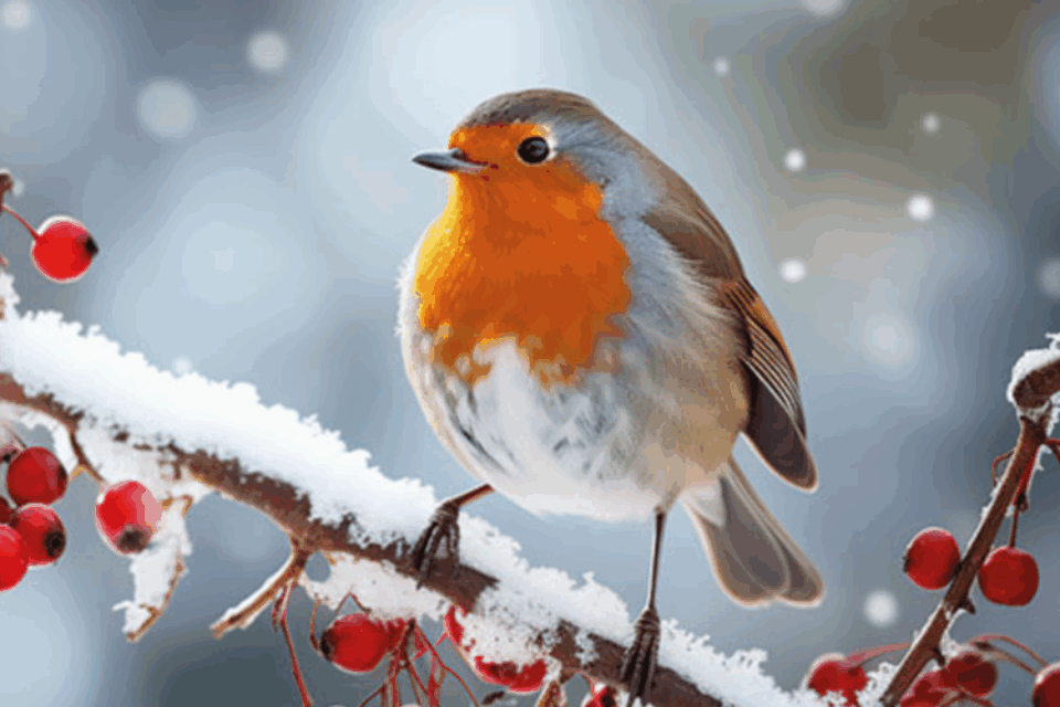 A robin, sitting on a snowy branch, surrounded by red berries.