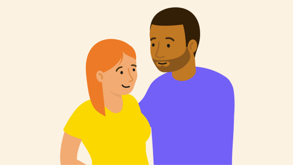 Illustrations of a man and a lady standing beside each other smiling.