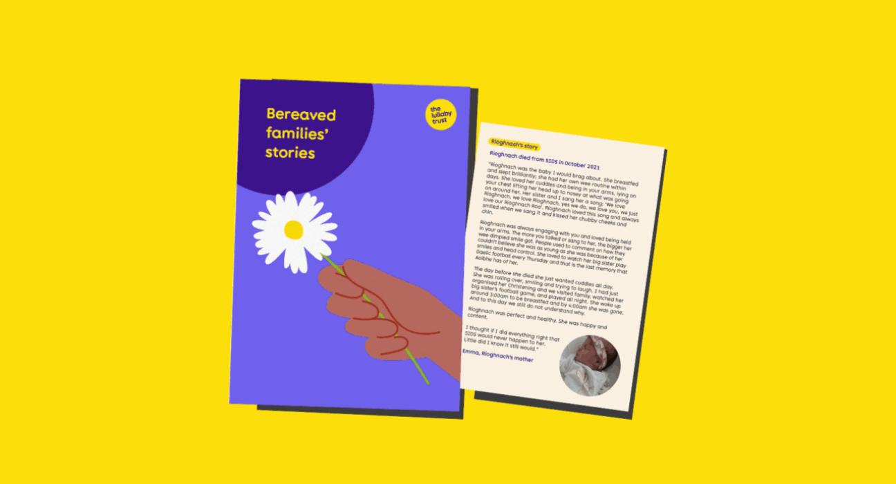 Front cover of 'Bereaved families' stories' publication, and snippet for one of the stories.