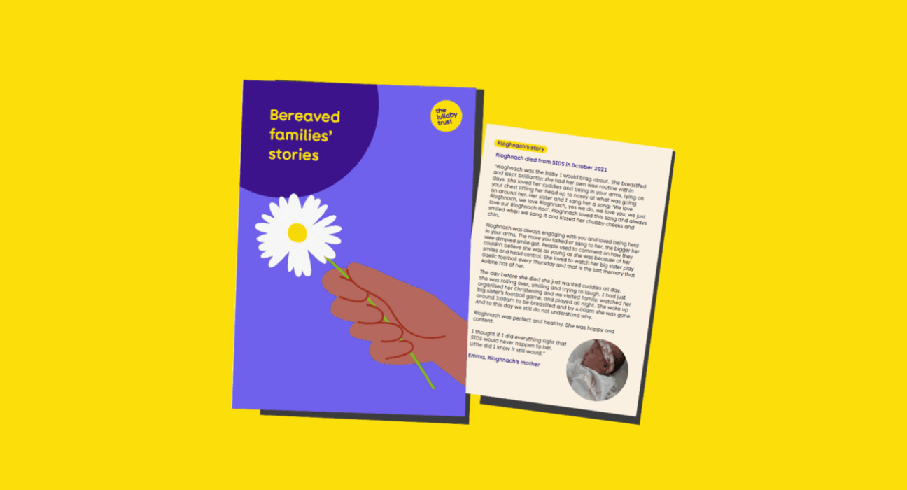 Front cover of 'Bereaved families' stories' publication, and snippet for one of the stories.