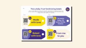 Fundraising labels first page, with four different labels for people to attach to their creations.