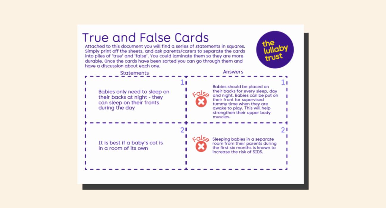Safer sleep true and false cards first page.