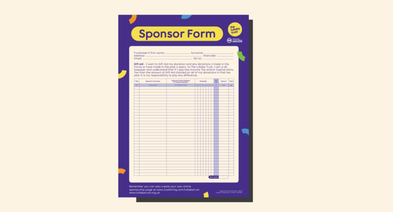 Sponsor form for supporters to collect cash donations