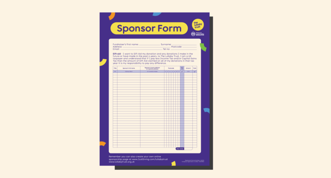 Sponsor form for supporters to collect cash donations