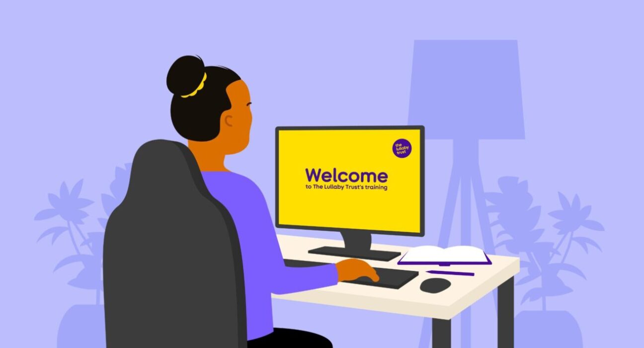 An illustrated woman is sat at her computer, reading the screen that says 'Welcome to The Lullaby Trust Training'