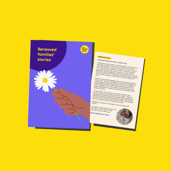 Front cover of 'Bereaved families' stories' publication, and snippet for one of the stories.
