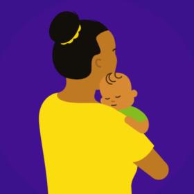 An illustration of a parent with her back to us, holding her baby who is facing us