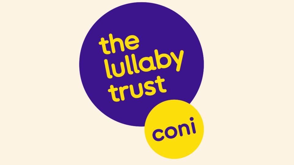 The Care of Next Infant (CONI) logo. Purple circle that says 'The Lullaby Trust' inside, with a smaller yellow circle below, overlapping that says 'CONI'.
