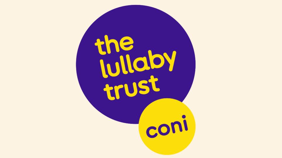 The Care of Next Infant (CONI) logo. Purple circle that says 'The Lullaby Trust' inside, with a smaller yellow circle below, overlapping that says 'CONI'.