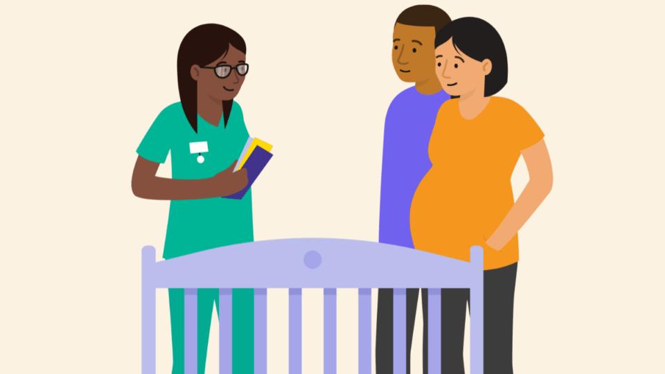 An illustration of a health professional speaking with an expectant couple next to a cot.