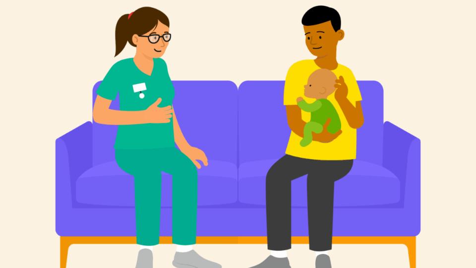 An illustration of a health visitor sitting on the sofa with a dad who is holding a baby.