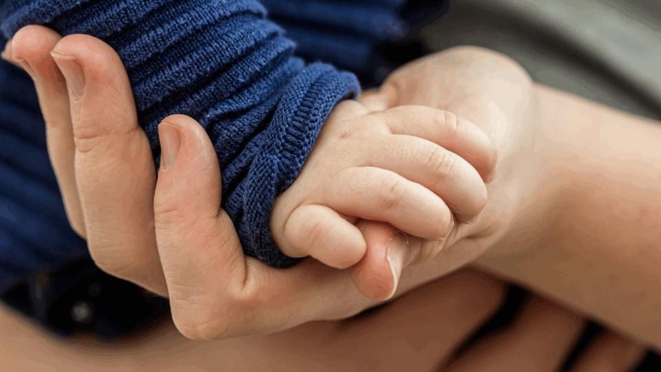 Baby's hand resting in an adult's hand.