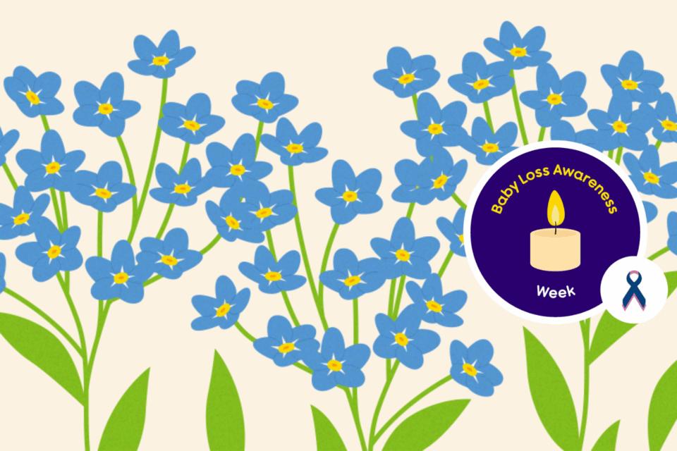 Forget-me-nots illustration with a BLAW logo beside it