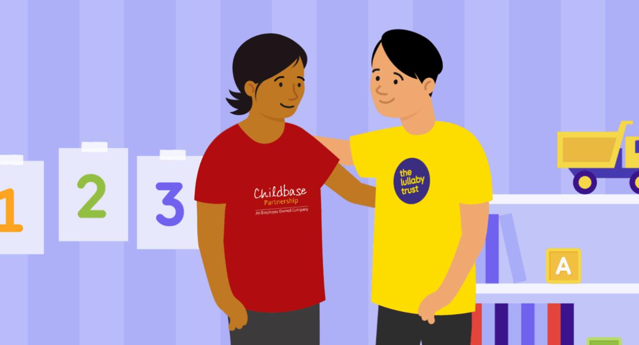 An illustration of a woman wearing a Childbase Partnerships t-shirt and a man wearing a Lullaby Trust t-shirt are arm in arm, on the background of an early-years setting