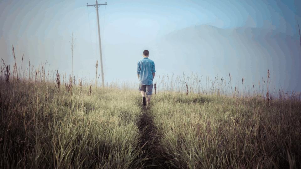 Man with his back to the camera in the distance walking in a field.