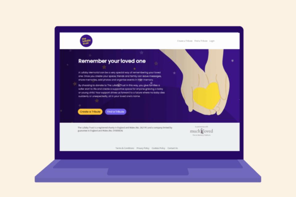 Laptop screen showing the Much Loved website on The Lullaby Trust's page. It says 'Remember your loved one'.