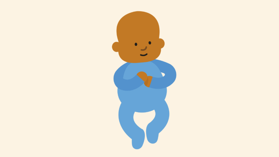 Illustration of a baby wearing blue, with eyes open and smiling.