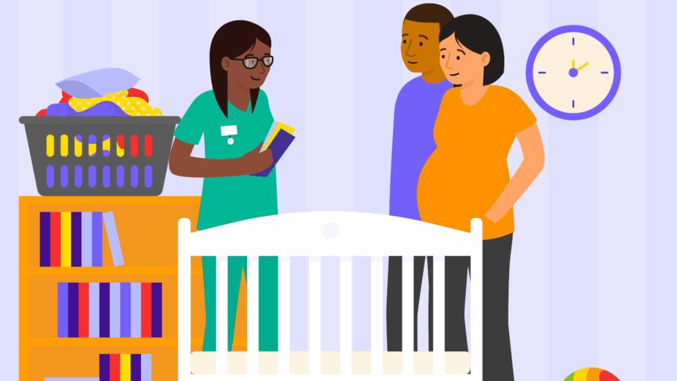 Health professional holding leaflets, standing next to a cot next to a man and a lady.