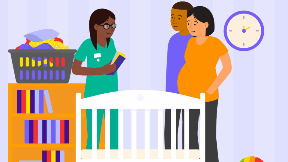 Health professional holding leaflets, standing next to a cot next to a man and a lady.