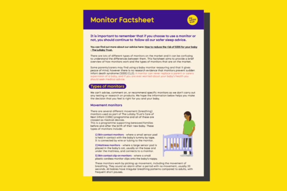 Screenshot of the first page of the monitors factsheet on a yellow background.