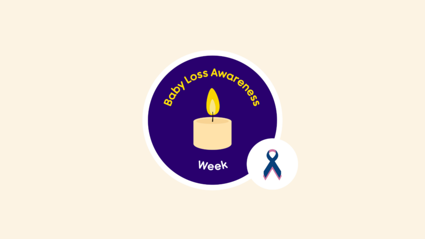 Baby loss awareness week logo. Illustration of a candle and a small circle with a blaw blue and pink ribbon.