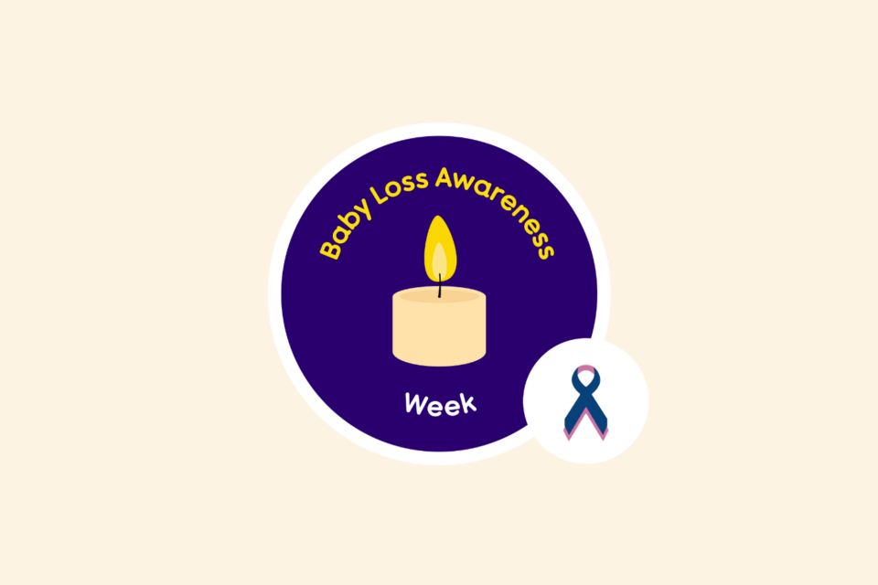 Baby loss awareness week logo. Illustration of a candle and a small circle with a blaw blue and pink ribbon.