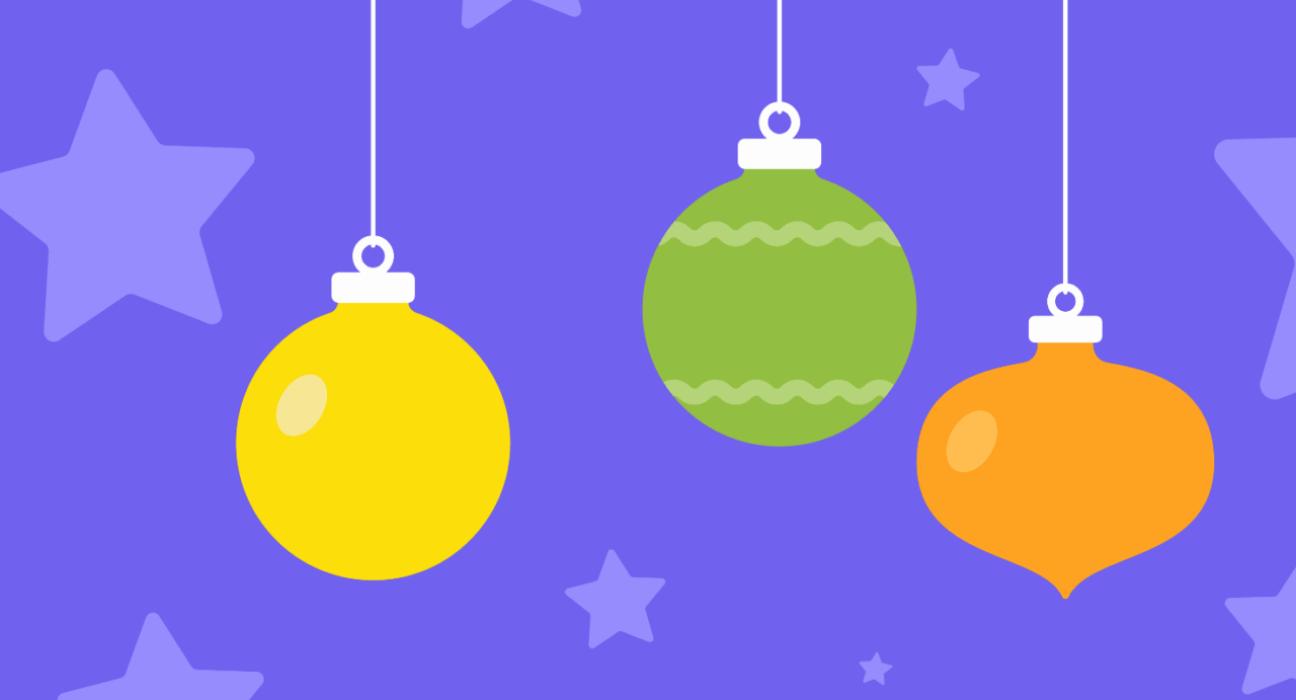 Yellow, green and orange baubles on a purple background.