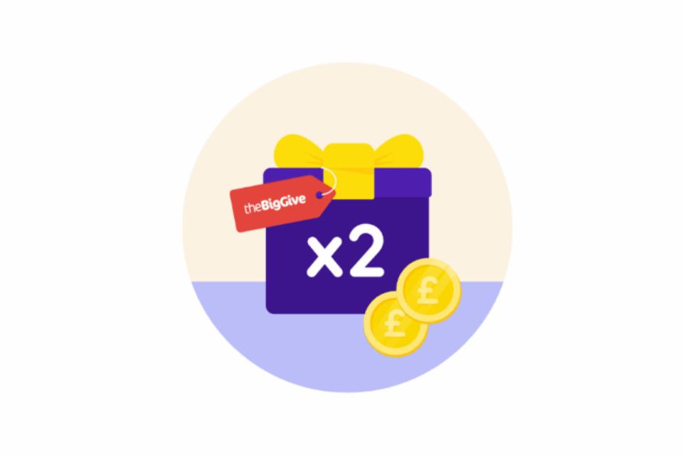Illustration of a purple box with coins in and next to it. There is a Big Give label on it and the box says 'x2'.