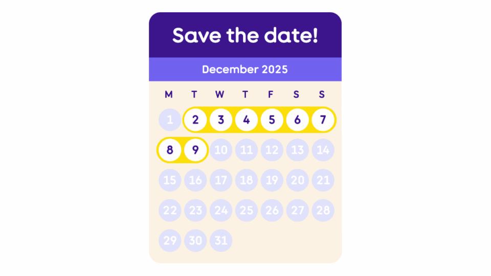 Illustration of a calendar open to December, with 2-9 highlighted to show when the Big Give is.