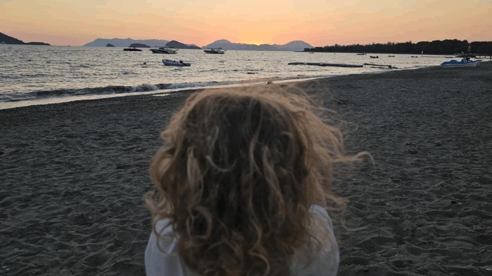 Aerith with her back to the camera, on the beach looking at a sunset.