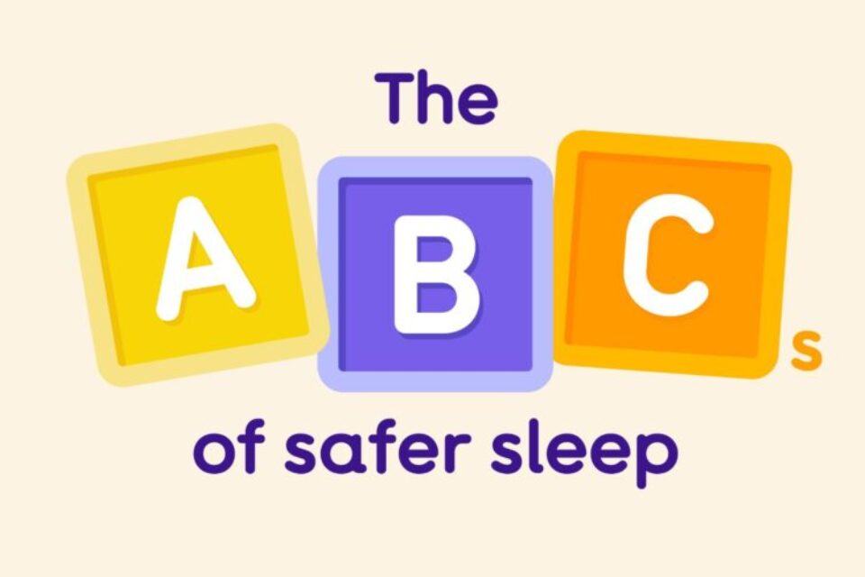 Illustrated A B C colourful blocks reading 'The ABCs of safer sleep'