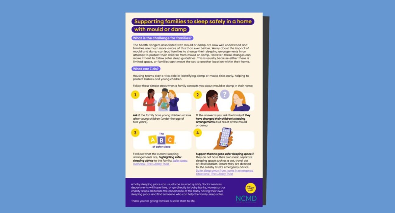 A graphic showing The Lullaby Trust and the National Child Mortality Database (NCMD's) resource, supporting families with sleeping safely in a home with damp or mould