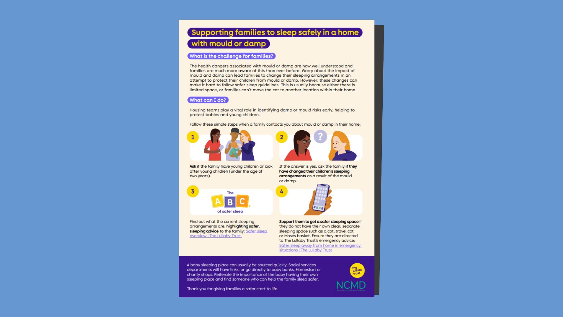 A graphic showing The Lullaby Trust and the National Child Mortality Database (NCMD's) resource, supporting families with sleeping safely in a home with damp or mould
