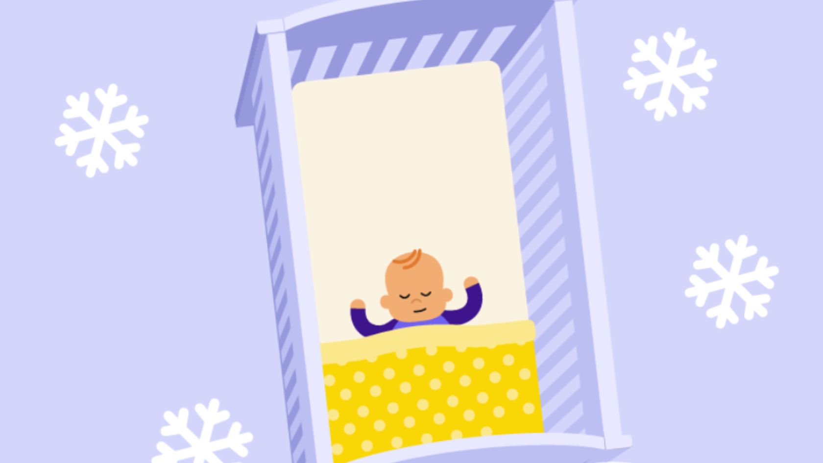 Baby sleeping feet to foot in a cot under a yellow blanket. There are illustrations of snowflakes around the cot.