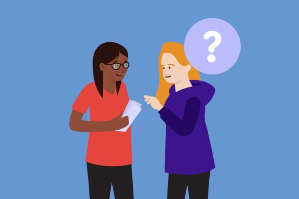 An illustration of a professional talking to a mum who has a question mark above her head, the professional is holding a leaflet