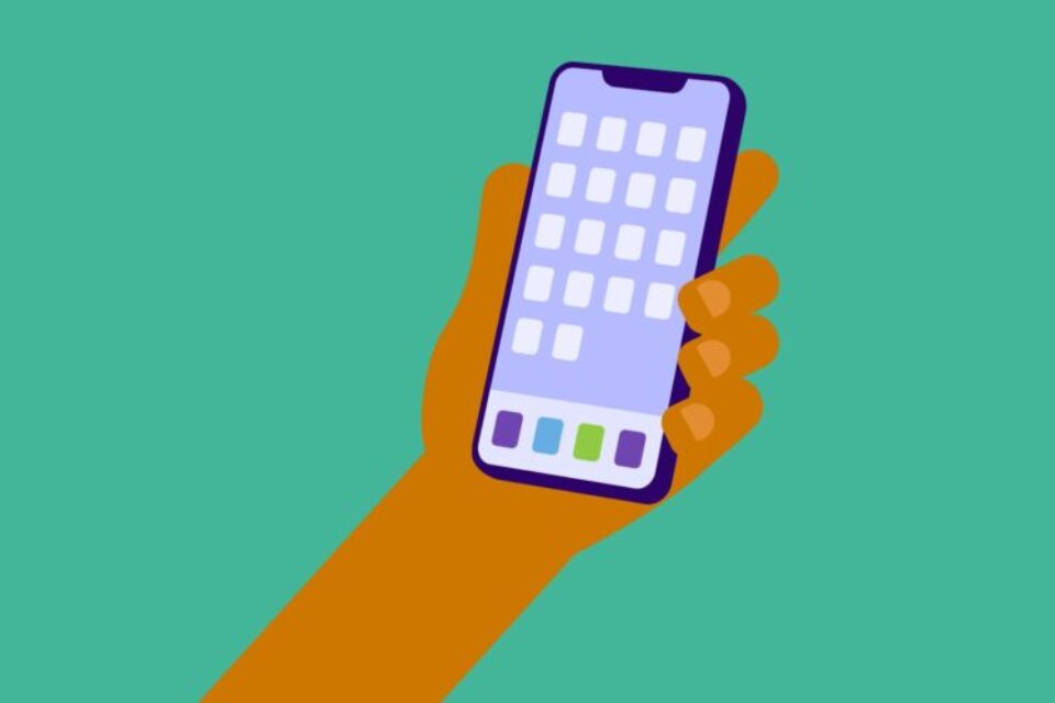 An illustration of a mobile phone in a hand, with lots of apps