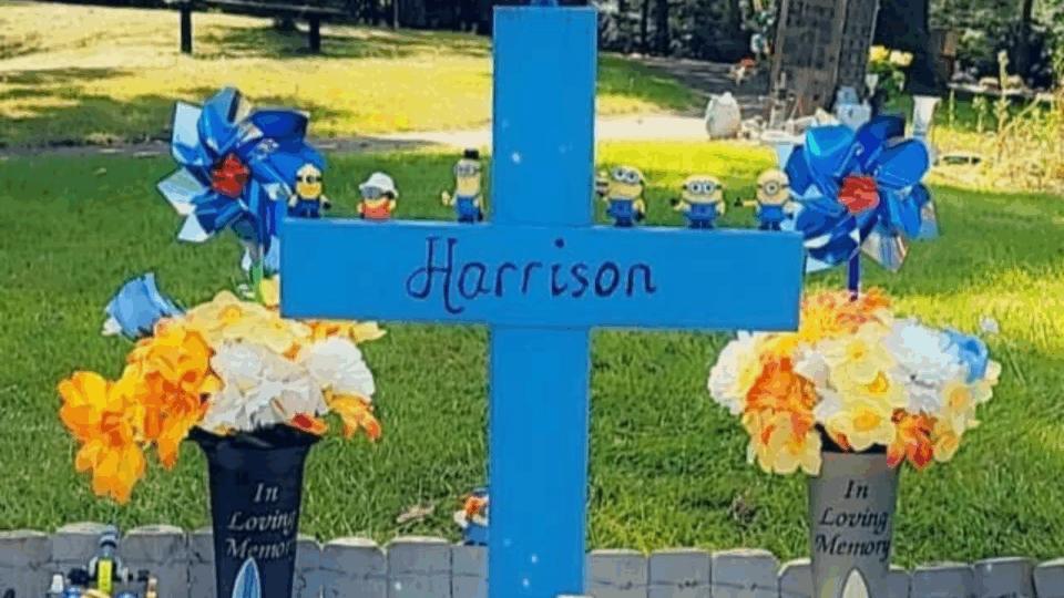A blue cross with Harrison written on it. Flowers and toys decorate the memorial.