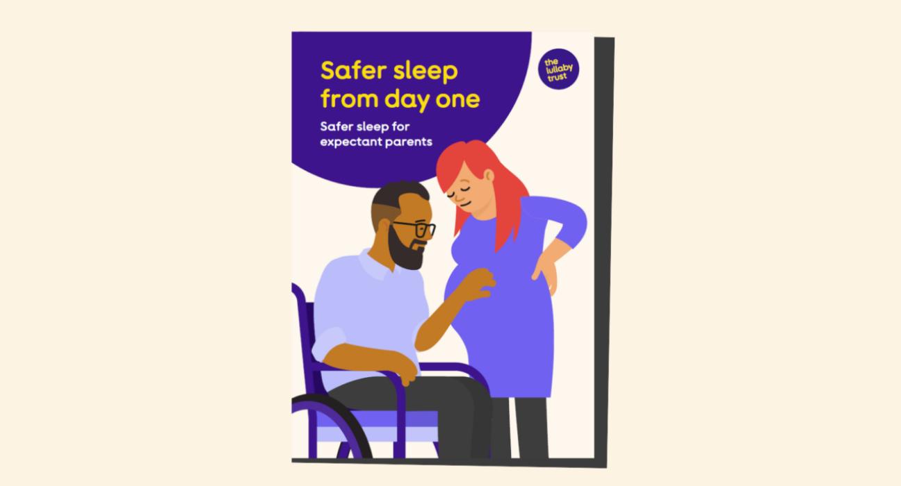 Safer sleep from day one front cover of booklet for parents. Illustration of a pregnant lady and a man.