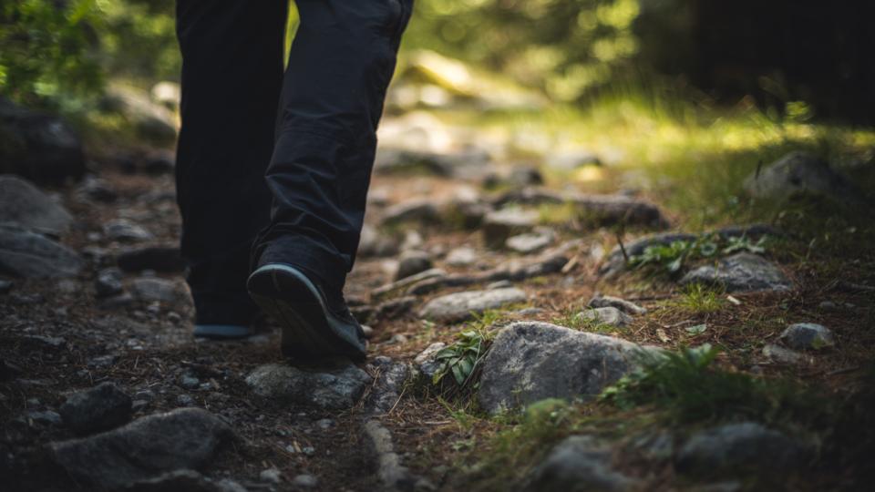A man's legs and shoes are walking through grassy, rocky terrain.