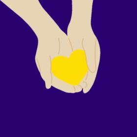 Hands holding yellow heart on purple background.