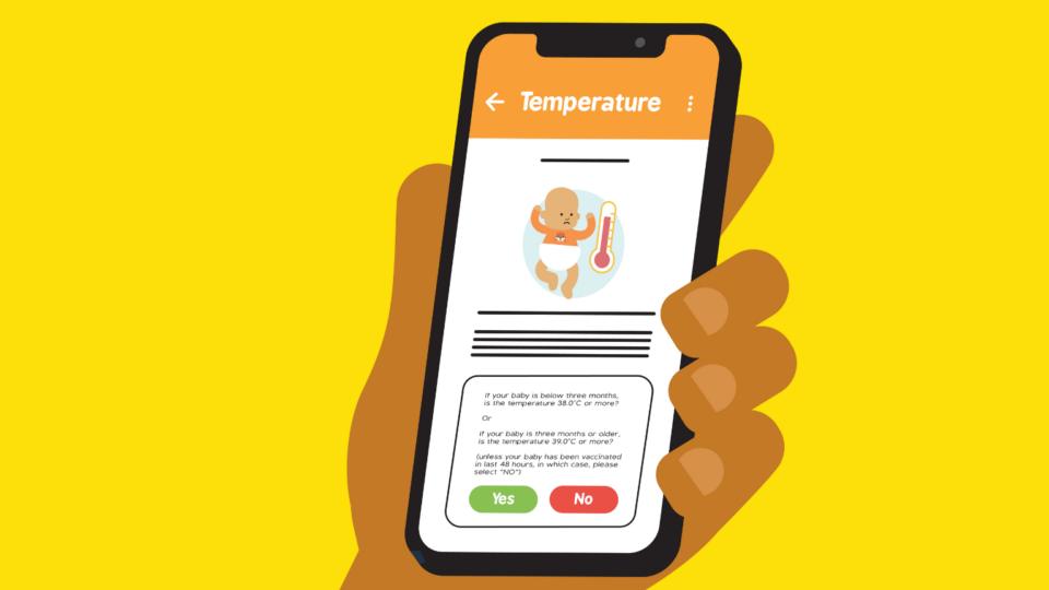 An illustration of a hand holding a phone with the Baby Check app open by The Lullaby Trust. It is on a page saying 'temperature', with an illustration of a baby and a thermometer.