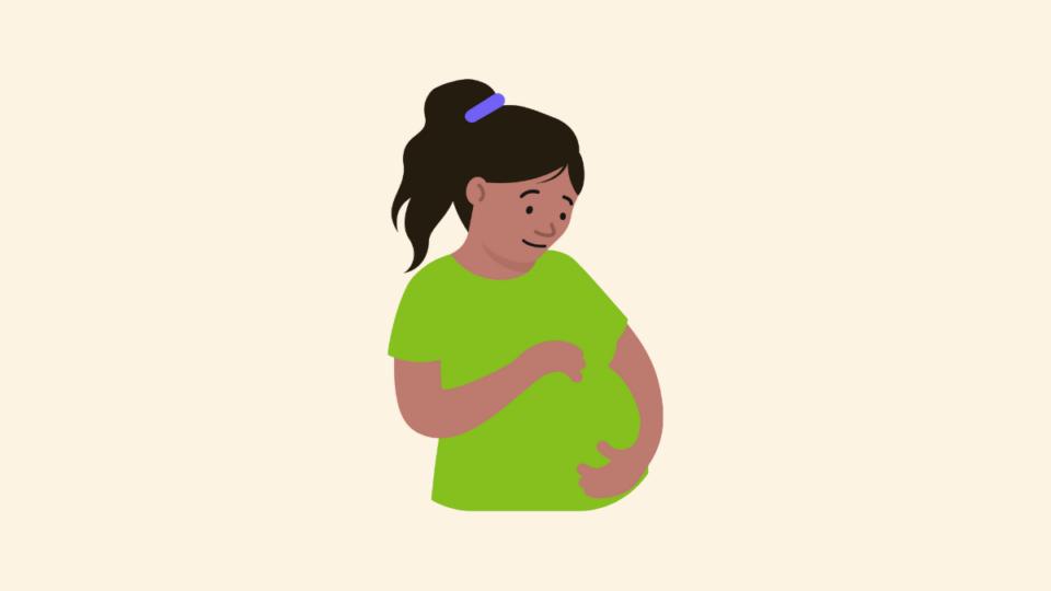 Illustration of a pregnant lady in green t-shirt with hair in ponytail